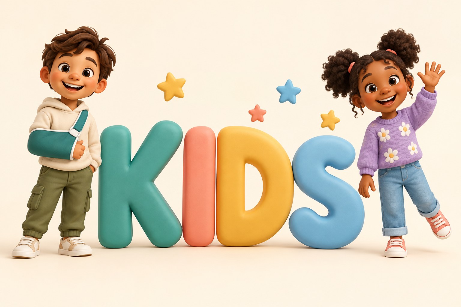 Ilustración infantil con letras KIDS y dos personajes, uno con cabestrillo